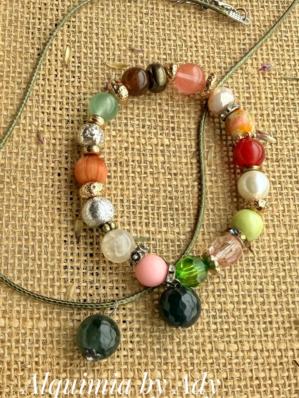 Gift set + Multicolor Bead Necklace + bracelet with untreated emerald pendants